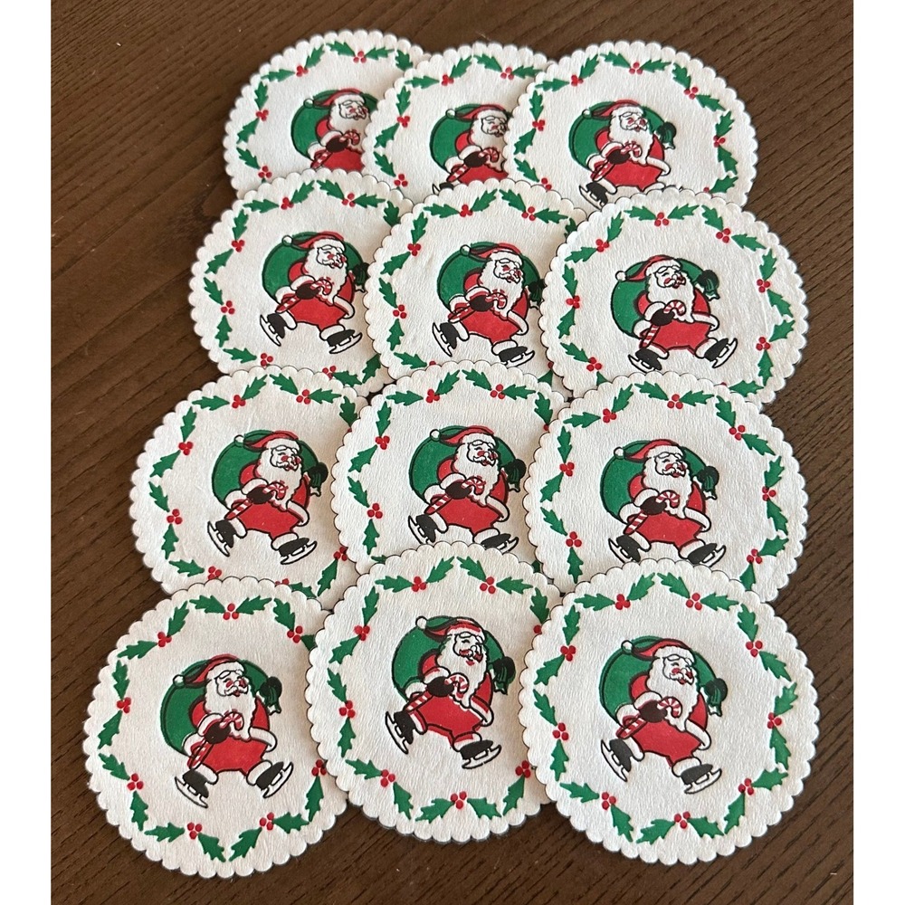Vintage Skating Santa Christmas Paper Coasters Set of 12 Scalloped Edge Holly